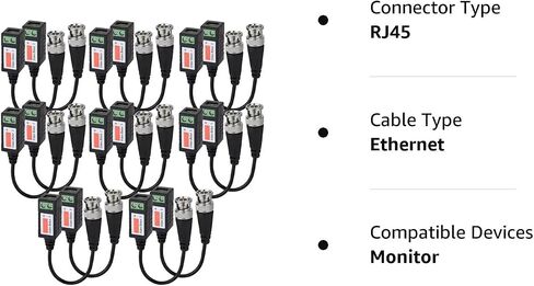 Passive Video Balun Connectors 8 Pairs Cat5 HD Mini CCTV BNC Video Balun Transceiver Cable with Lighting Protection and Coax BNC Connector to RJ45 Terminal for CCTV Surveillance Camera Systems in Kuwait
