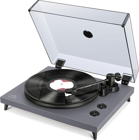 1 BY ONE Rock Pigeon Vinyl Record Player, Belt-Drive Turntable with Speakers, Built-in Phono Preamp, Moving Magnetic Cartridge AT-3600L, RCA Out, 2-Speed in Kuwait
