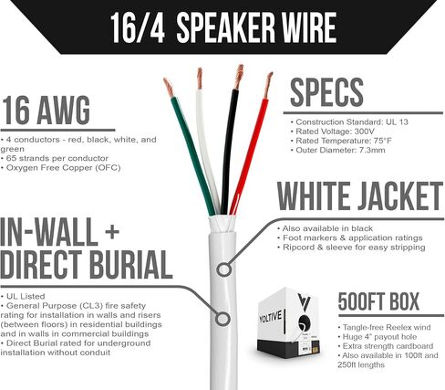 12/2 Speaker Wire, in-Wall CL3 & Direct Burial, Black, 500ft - 12AWG, 2 Conductors, Stranded Oxygen-Free Copper, UL Listed - V-1206-5 in Kuwait