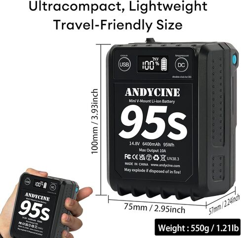 ANDYCINE 95Wh Micro V Mount Battery Dual D TAP Output，USB-A USB-C Output DC Output with LCD Capacity Indicator in Kuwait
