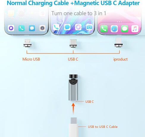 SHEEAST USB C محول مغناطيسي 2 حزمة 540 درجة دوران 3 في 1 QC 3.0 شحن سريع أقصى دعم 3A، فضي in Kuwait
