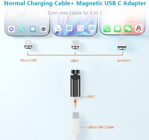 USB C Magentic Adapter 540 Degree Rotation 3 in 1 QC 3.0 Fast Charging Max Support 3A, Grey in Kuwait