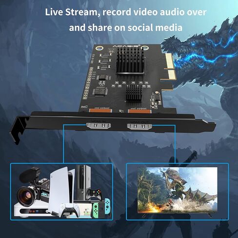 بطاقة التقاط فيديو Acasis 4K60 HDMI 2K144، التقاط الألعاب، عبور بدون تأخر، بطاقة التقاط فيديو منخفضة الكمون للغاية تعمل مع PS4 Pro، PS5، Xbox One لبث مباشر وتسجيل لعبة OBS Twitch in Kuwait