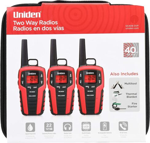 Uniden SX409-3VP, 3-Pack, FRS Two-Way-Radios, Walkie Talkies, up to 40 Mile Range, w/Carrying case, Splash Proof JIS4, Built-in LED Flashlight, Includes Multitool, Thermal Blanket, and Fire Starter in Saudi Arabia