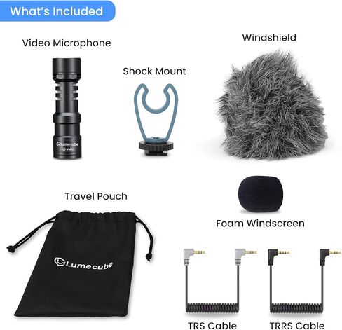ميكروفون فيديو لوم كيوب | ميكروفون، حامل الصدمات، الزجاج الأمامي، الزجاج الأمامي الإسفنجي، كابل TRS للكاميرات، كابل TRRS للهواتف الذكية، وحقيبة السفر متضمنة | ميكروفون لكاميرات DSLR Canon وNikon والهواتف in Kuwait