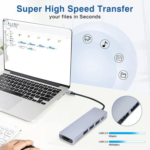موزع USB C، موزع USB C 5 في 1، KCA_S، رفيع ومتين USB-C الى 5 منافذ، 3X USB، 4K HDMI متوافق مع ثاندربولت 3 ماك بوك برو، ايباد برو اير، اتش بي انفي ومنفذ شحن ايفون in Kuwait