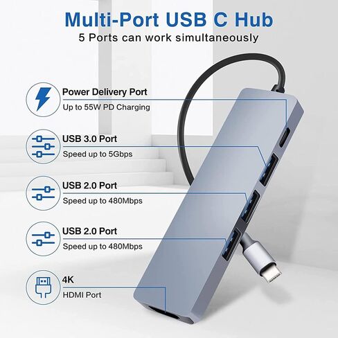 موزع USB C، موزع USB C 5 في 1، KCA_S، رفيع ومتين USB-C الى 5 منافذ، 3X USB، 4K HDMI متوافق مع ثاندربولت 3 ماك بوك برو، ايباد برو اير، اتش بي انفي ومنفذ شحن ايفون in Kuwait