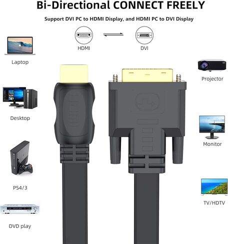 كابل DVI إلى HDMI بطول 10 أقدام، سلك محول فيديو HDMI ثنائي الاتجاه إلى DVI-D، كابل محول HDMI DVI ذكر إلى ذكر تصميم مسطح مطلي بالذهب، متوافق مع الكمبيوتر والألعاب وRaspberry Pi وRoku وPS4... in Kuwait