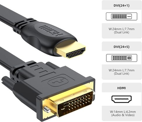 كابل DVI إلى HDMI بطول 10 أقدام، سلك محول فيديو HDMI ثنائي الاتجاه إلى DVI-D، كابل محول HDMI DVI ذكر إلى ذكر تصميم مسطح مطلي بالذهب، متوافق مع الكمبيوتر والألعاب وRaspberry Pi وRoku وPS4... in Kuwait