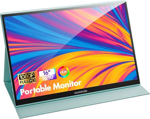 شاشة GEEKOM المحمولة مقاس 16 بوصة، وشاشة موسع للكمبيوتر المحمول USB-C مع غطاء ذكي ومكبر صوت مزدوج HDMI IPS HDR وشاشة كمبيوتر خارجية رفيعة للغاية لأجهزة الكمبيوتر والهواتف وأجهزة Mac وXbox PS4 Switch in Kuwait