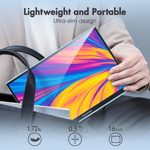 شاشة GEEKOM المحمولة مقاس 16 بوصة، وشاشة موسع للكمبيوتر المحمول USB-C مع غطاء ذكي ومكبر صوت مزدوج HDMI IPS HDR وشاشة كمبيوتر خارجية رفيعة للغاية لأجهزة الكمبيوتر والهواتف وأجهزة Mac وXbox PS4 Switch in Kuwait