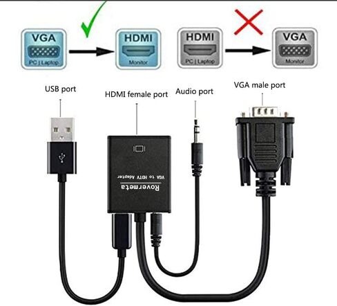 VGA to HDMI Adapter,1080P Resolution VGA Male to HDMI Female Converter for Connecting Traditional VGA Interface Laptop or PC to HDMI Monitor or Projector(with 3.5mm Audio and USB Cable) in Kuwait