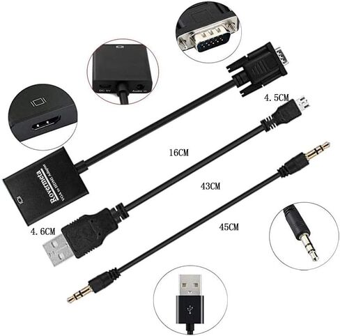 VGA to HDMI Adapter,1080P Resolution VGA Male to HDMI Female Converter for Connecting Traditional VGA Interface Laptop or PC to HDMI Monitor or Projector(with 3.5mm Audio and USB Cable) in Kuwait