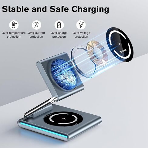 حامل شاحن OHLPRO Magsafe، محطة شحن لاسلكية قابلة للطي 3 في 1 لأجهزة Apple، شاحن لاسلكي سريع السفر بقدرة 15 وات لسلسلة iPhone 15 14 13 12 وAirpods وiWatch وشاحن USB-C بقدرة 25 وات in Kuwait