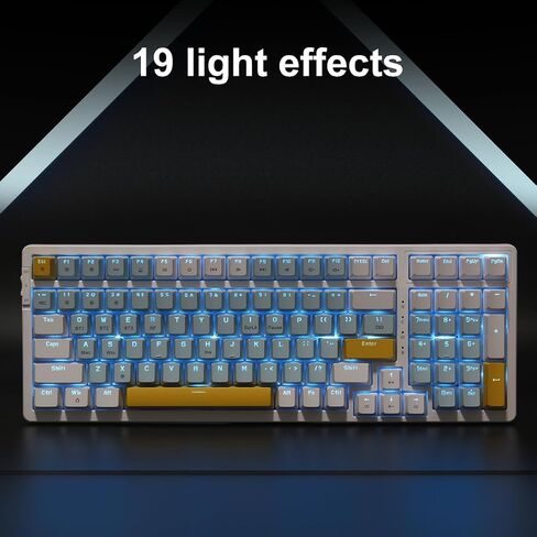 Merdia Wireless Mechanical Keyboard, Triple Mode 2.4G/USB-C/BT Gaming Keyboard, 100 Keys Ice Blue Backlit, Red Switch Rechargeable Wired Keyboard Blue & Yellow & White Combo Color for Office/Gaming in Saudi Arabia