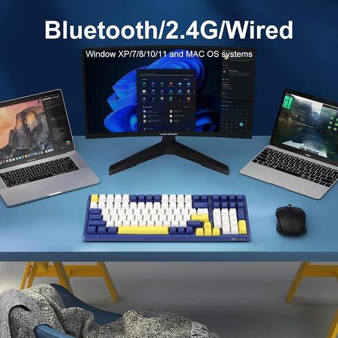 لوحة مفاتيح ميكانيكية لاسلكية من Merdia، لوحة مفاتيح ألعاب ثلاثية الوضع 2.4G/USB-C/BT، 100 مفتاح بإضاءة خلفية باللون الأزرق الجليدي، لوحة مفاتيح سلكية قابلة لإعادة الشحن بمفتاح أحمر للمكتب باللون الأزرق الداكن والأصفر والأبيض in Saudi Arabia