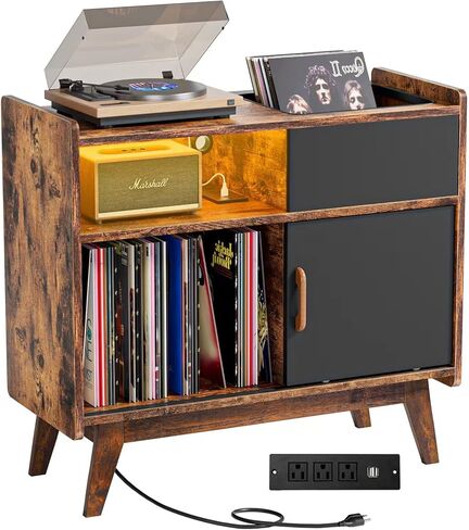 حامل مشغل تسجيلات HAIOOU مع مصابيح LED، خزانة تخزين كبيرة لسجلات الفينيل مع مخرج طاقة، حامل حامل القرص الدوار في منتصف القرن، رف تخزين سجل الألبوم مع أرجل خشبية للأقراص المضغوطة والمجلة والكتاب in Kuwait