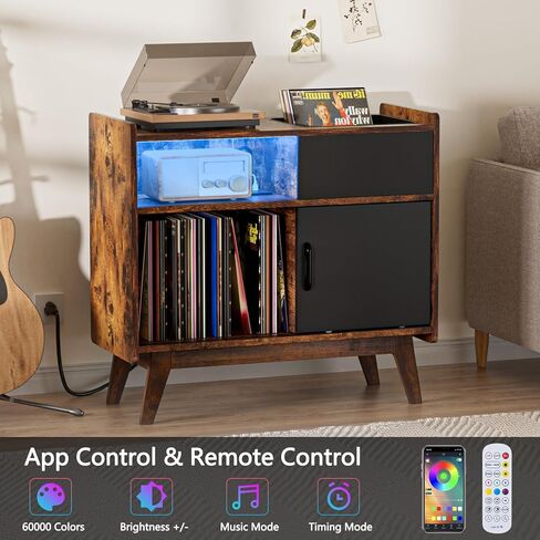حامل مشغل تسجيلات HAIOOU مع مصابيح LED، خزانة تخزين كبيرة لسجلات الفينيل مع مخرج طاقة، حامل حامل القرص الدوار في منتصف القرن، رف تخزين سجل الألبوم مع أرجل خشبية للأقراص المضغوطة والمجلة والكتاب in Kuwait