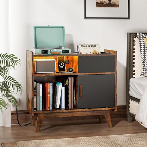 حامل مشغل تسجيلات HAIOOU مع مصابيح LED، خزانة تخزين كبيرة لسجلات الفينيل مع مخرج طاقة، حامل حامل القرص الدوار في منتصف القرن، رف تخزين سجل الألبوم مع أرجل خشبية للأقراص المضغوطة والمجلة والكتاب in Kuwait