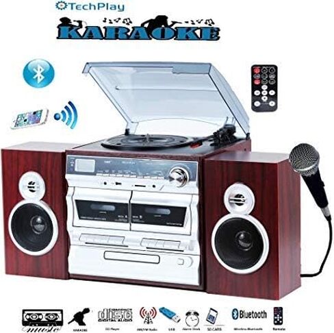 تقنية TechPlay Karaoke Enabled، 30W RMS، قرص دوار كلاسيكي كلاسيكي، بلوتوث NFC، مشغل/مسجل كاسيت مزدوج، مشغل CD MP3، منافذ USB SD، ساعة منبه رقمية AM/FM وجهاز تحكم عن بعد كامل (أسود) in Kuwait