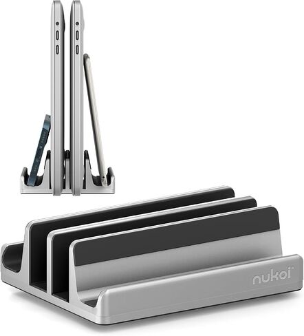 Vertical Laptop Stand - SPACEMax Adjustable GRIPLock Anti-Tip Silicone 4 Slots Aluminum Desktop Holder - Double Dock Stand - 2 Phone Slots Fits Up to 17.3" Laptops, Tablets, Phones - Silver in Saudi Arabia