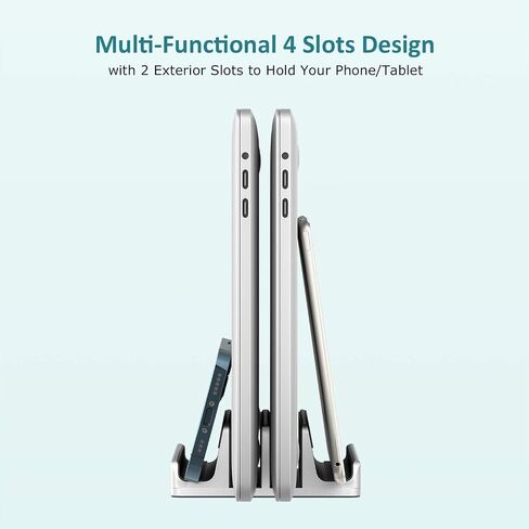 Vertical Laptop Stand - SPACEMax Adjustable GRIPLock Anti-Tip Silicone 4 Slots Aluminum Desktop Holder - Double Dock Stand - 2 Phone Slots Fits Up to 17.3" Laptops, Tablets, Phones - Silver in Saudi Arabia