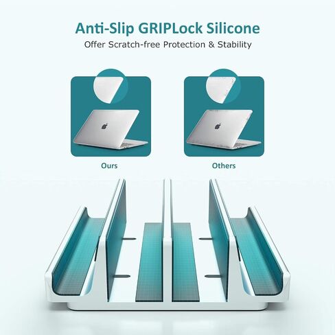 Vertical Laptop Stand - SPACEMax Adjustable GRIPLock Anti-Tip Silicone 4 Slots Aluminum Desktop Holder - Double Dock Stand - 2 Phone Slots Fits Up to 17.3" Laptops, Tablets, Phones - Silver in Saudi Arabia