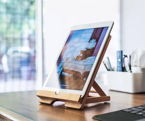 Bamboo Tablet Stand Holder Adjustable Folding Wood iPad Stand with Chargeable Hole for Desk iPad Cooking Stand in Kuwait