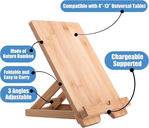 Bamboo Tablet Stand Holder Adjustable Folding Wood iPad Stand with Chargeable Hole for Desk iPad Cooking Stand in Kuwait