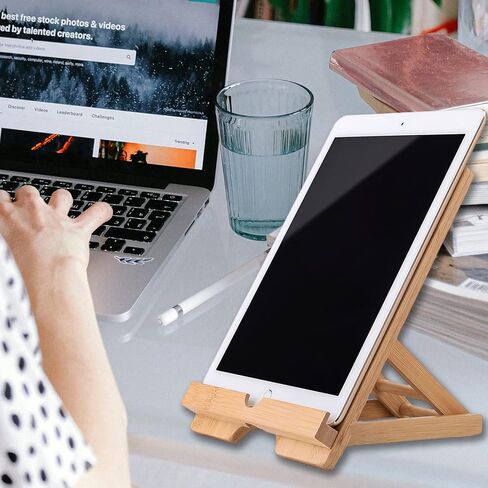 Bamboo Tablet Stand Holder Adjustable Folding Wood iPad Stand with Chargeable Hole for Desk iPad Cooking Stand in Kuwait