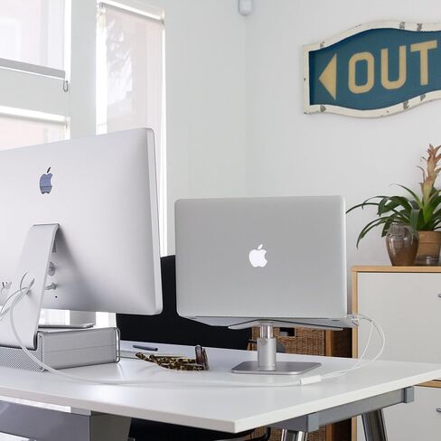 حامل Twelve South HiRise Pro لأجهزة iMac/شاشات العرض/الشاشات، حامل قابل لضبط الارتفاع مع مساحة تخزين، واجهة أمامية قابلة للعكس + ترصيع جلدي (فضي) in Kuwait