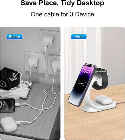 Magsafe Charger Stand, Wireless 3 in 1 Charger with QC3.0 Adapter, Magnetic Wireless Charger Compatible with iPhone 15,14,13,12 Pro Max/Pro/Mini/Plus, iWatch se/8/7/6/5/4/3/2, AirPods(Black) in Saudi Arabia