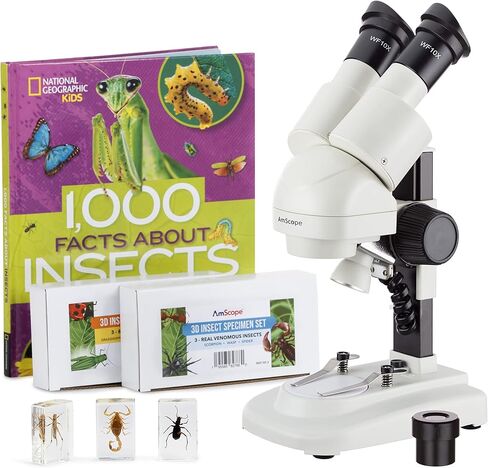 ام سكوب مجهر ستيريو محمول برأس بزاوية 20X-50X مع 6 قطع من مجموعات عينات الحشرات ثلاثية الأبعاد الفاخرة، كتاب الحشرات الجغرافية NAT وكاميرا رقمية اختيارية in Kuwait
