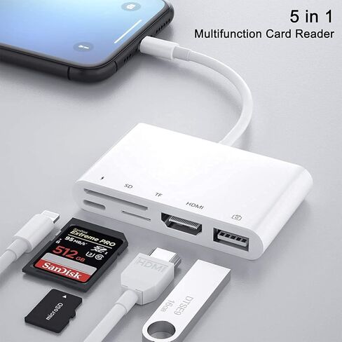 محول لايتنينج إلى HDMI 5 في 1 USB OTG كاميرا رقمية محول محول، قارئ بطاقة SD وTF محول شاشة مزامنة 1080P مع كابل شاحن لهاتف آيفون 12/11/آيباد/يو إس بي على HDTV/جهاز عرض / شاشة (أبيض) in Kuwait