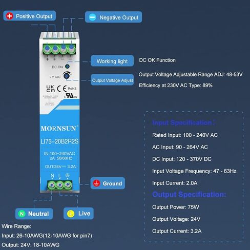 AC/DC 75W 24V 3.2A Output DIN Rail Power Supply Built in Active PFC in Kuwait