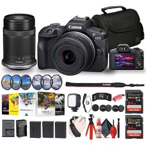 Canon EOS R100 Mirrorless Camera with 18-45mm and 55-210mm Lenses Kit (6052C022) + Filter Kit + Corel Photo Software + Bag + 2 x 64GB Card + 2 x LPE17 Battery + Charger + LED Light + More (Renewed) in Saudi Arabia