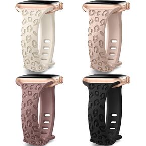 4-pack Leopard Engraved Band Compatible with Apple Watch Bands 38mm 40mm 41mm 44mm 45mm 42mm Women, Thin Slim Sport Wristbands for iWatch Ultra/Ultra 2 Series 9 8 7 6 5 4 3 2 1 SE