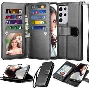 حافظة محفظة Njjex لهاتف Samsung Galaxy S21 5G، حافظة Galaxy S21، [9 فتحات للبطاقات] حامل بطاقة هوية من جلد البولي يوريثان قابل للفصل [قابل للفصل] غطاء هاتف مغناطيسي وحبل لهاتف Samsung S21 [أحمر خمري] in Kuwait