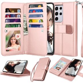 حافظة محفظة Njjex لهاتف Samsung Galaxy S21 5G، حافظة Galaxy S21، [9 فتحات للبطاقات] حامل بطاقة هوية من جلد البولي يوريثان قابل للفصل [قابل للفصل] غطاء هاتف مغناطيسي وحبل لهاتف Samsung S21 [أحمر خمري] in Kuwait