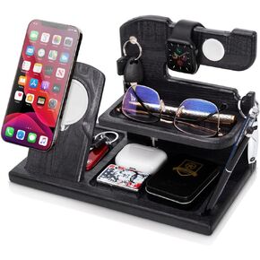 Wood Phone Docking Station Charger Xmas Gifts for Men or Dad for Husband Birthday Wife Nightstand Organizer Key Holder Wallet Solid Ash (Black) in Kuwait
