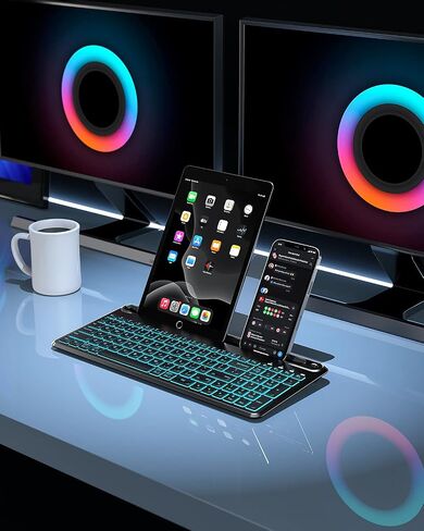 سيندا كيبورد بلوتوث باضاءة خلفية متعددة الاجهزة لاجهزة التابلت والجوال والكمبيوتر - كيبورد لاسلكي مضيء قابل لاعادة الشحن مع لوحة ارقام تصل الى 4 اجهزة متوافقة مع ماك واندرويد وiOS وويندوز in Saudi Arabia