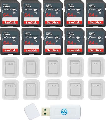 SanDisk Ultra 64GB SD SDXC UHS-I 100MB/s Class 10 SDSDUNR-064G (10 Pack) Bundle with 10 SD Card Cases & 1 Everything But Stromboli Memory Card Reader in Saudi Arabia