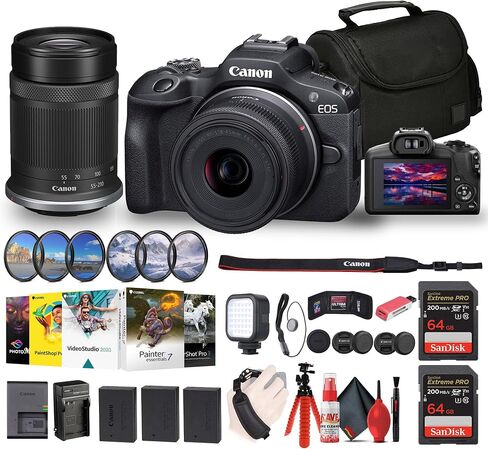 Canon EOS R100 Mirrorless Camera with 18-45mm and 55-210mm Lenses Kit (6052C022) + Filter Kit + Corel Photo Software + Bag + 2 x 64GB Card + 2 x LPE17 Battery + Charger + LED Light + More (Renewed) in Saudi Arabia