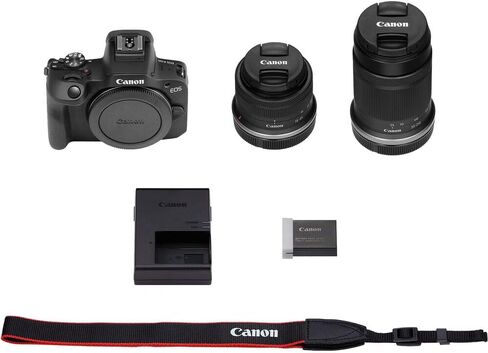 Canon EOS R100 Mirrorless Camera with 18-45mm and 55-210mm Lenses Kit (6052C022) + Filter Kit + Corel Photo Software + Bag + 2 x 64GB Card + 2 x LPE17 Battery + Charger + LED Light + More (Renewed) in Saudi Arabia