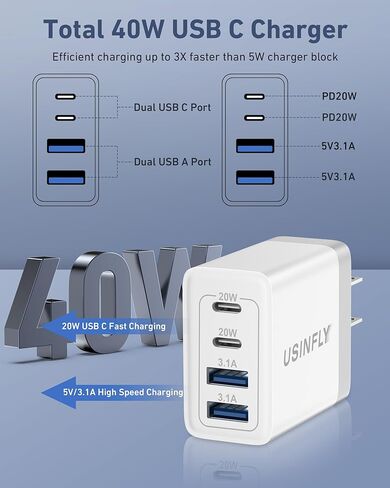 USB C Charger Block, 40W 4-Port iPhone 15 Charger Block, Dual Port USB-C Fast Power Adapter + Double USB Cube Wall Plug Charging Block for iPhone 15 14 13 12 11 Pro Max Plus XS X, iPad, Samsung, Pixel in Kuwait