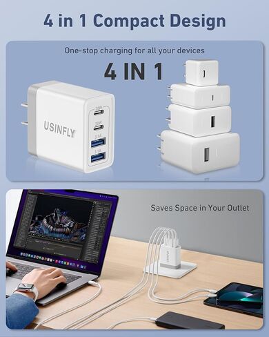 USB C Charger Block, 40W 4-Port iPhone 15 Charger Block, Dual Port USB-C Fast Power Adapter + Double USB Cube Wall Plug Charging Block for iPhone 15 14 13 12 11 Pro Max Plus XS X, iPad, Samsung, Pixel in Kuwait