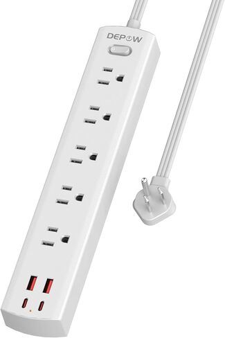 5-Outlet Power Strip Surge Protector with 4 USB Ports (2 USB C), DEPOW 10 Ft Ultra Thin Extension Cord, Low Profile Flat Plug, 15 Amp Circuit Breaker, 1700 Joules, Wall Mount for Home Office, White in Kuwait