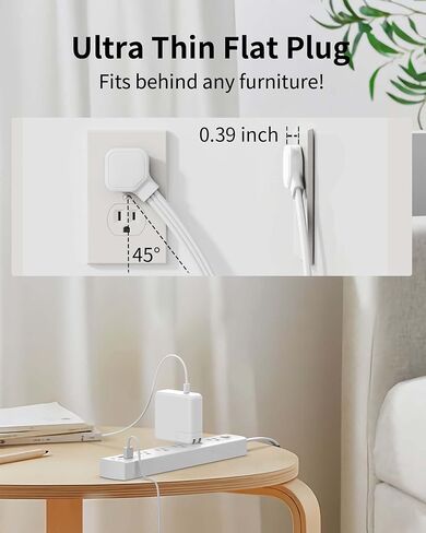 5-Outlet Power Strip Surge Protector with 4 USB Ports (2 USB C), DEPOW 10 Ft Ultra Thin Extension Cord, Low Profile Flat Plug, 15 Amp Circuit Breaker, 1700 Joules, Wall Mount for Home Office, White in Kuwait