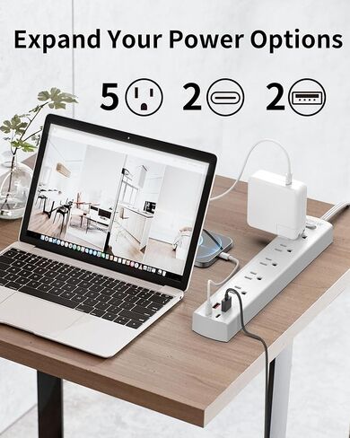 5-Outlet Power Strip Surge Protector with 4 USB Ports (2 USB C), DEPOW 10 Ft Ultra Thin Extension Cord, Low Profile Flat Plug, 15 Amp Circuit Breaker, 1700 Joules, Wall Mount for Home Office, White in Kuwait