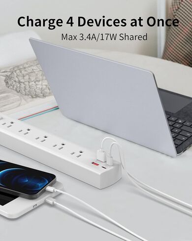 5-Outlet Power Strip Surge Protector with 4 USB Ports (2 USB C), DEPOW 10 Ft Ultra Thin Extension Cord, Low Profile Flat Plug, 15 Amp Circuit Breaker, 1700 Joules, Wall Mount for Home Office, White in Kuwait